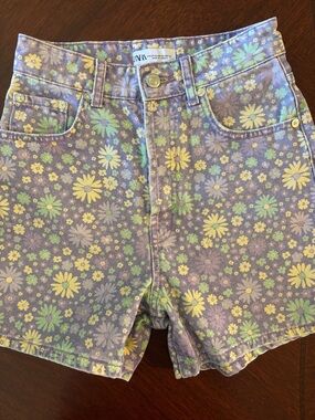 Zara Purple Floral Denim Shorts with Yellow & Green Daisies